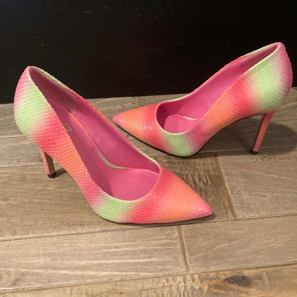 Neon Gradient Pointed-Toe Pumps in Pink, Green & Orange